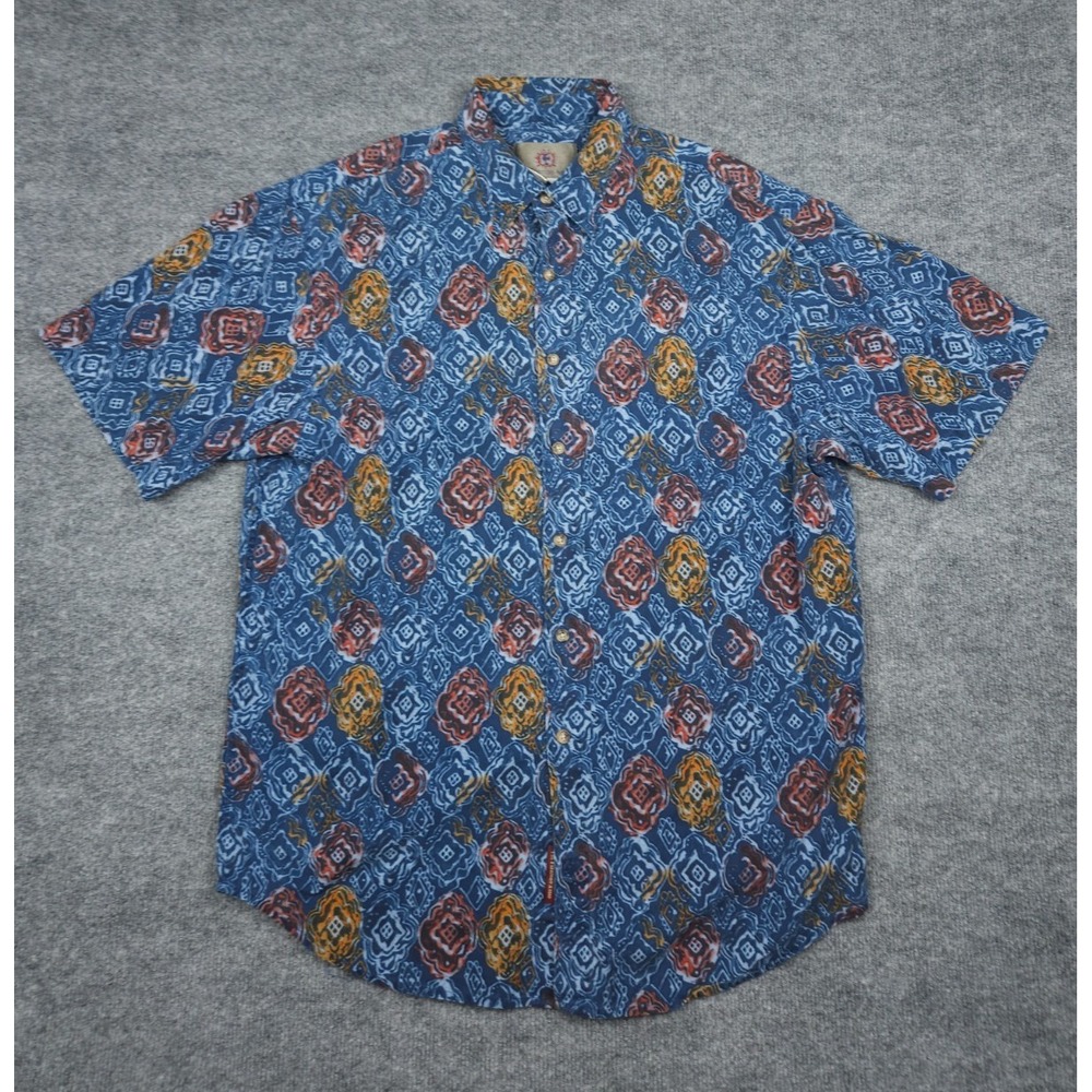 Territory Ahead Button Up Shirt Men's Large Blue Abstract AOP Short‎ Sleeve Silk